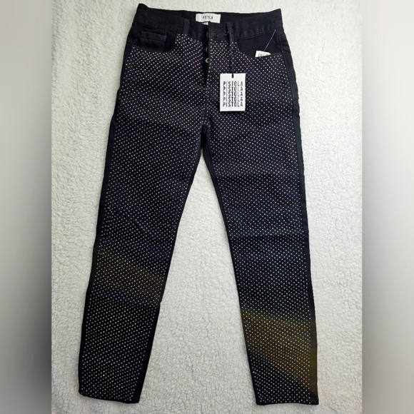 🆕️Pistola Embellished Rhinestone High-Rise Straight Legged Black Jeans Size 24 - Picture 2 of 11